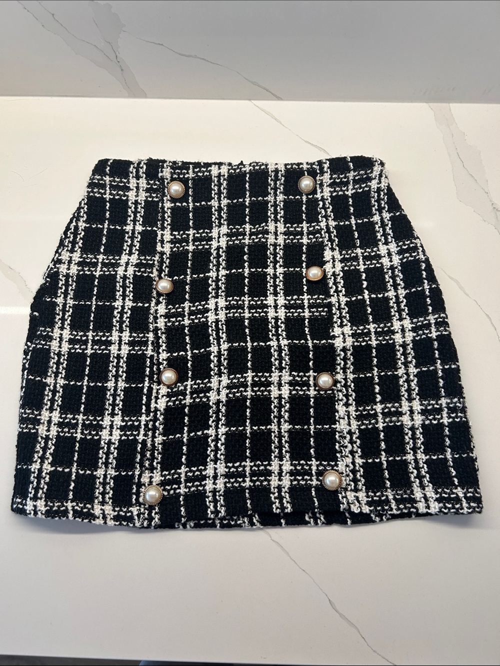 SHEIN Black & White Tweed Pearl-Button Mini Skirt